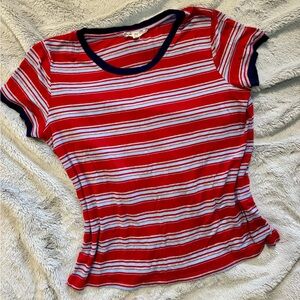 Pink Rose Red and Light Blue Striped Short Sleeve Tee